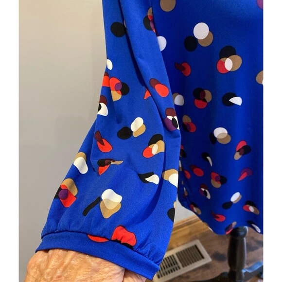 Liz Claiborne Blouse Size Large Top Blue Pattern 3/4 Sleeves Tie Neck Stretch - Picture 4 of 11